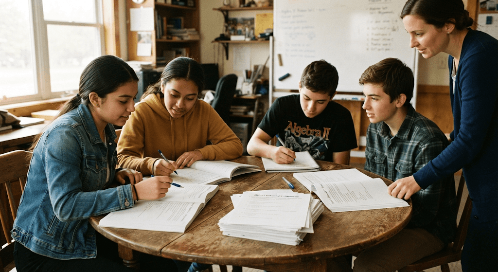 Four students around a table working through the same problem set while a tutor checks their progress