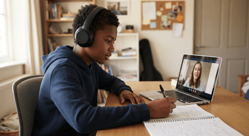 A student wearing headphones writing in his book during a video lesson with his tutor