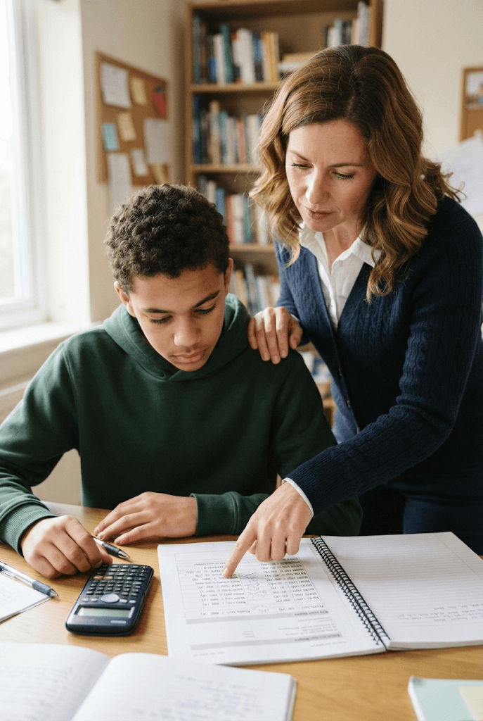 A tutor standing beside a seated student, pointing at a row of marks on his progress sheet